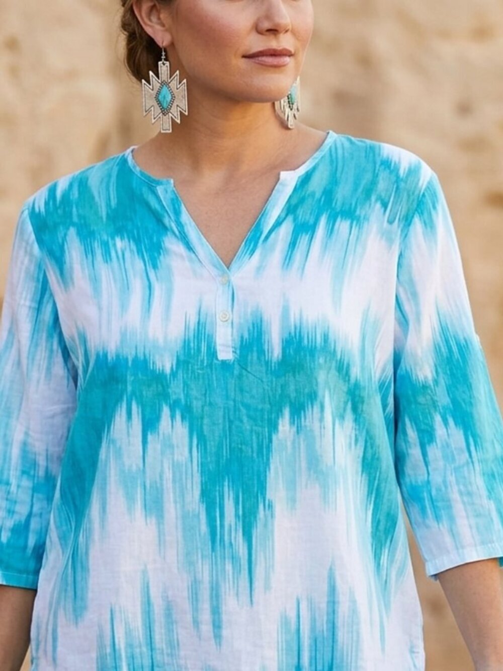 Josie Tunic Blouse Tie Dye Turquoise Top Size Large Tunic & Turquoise Earrings